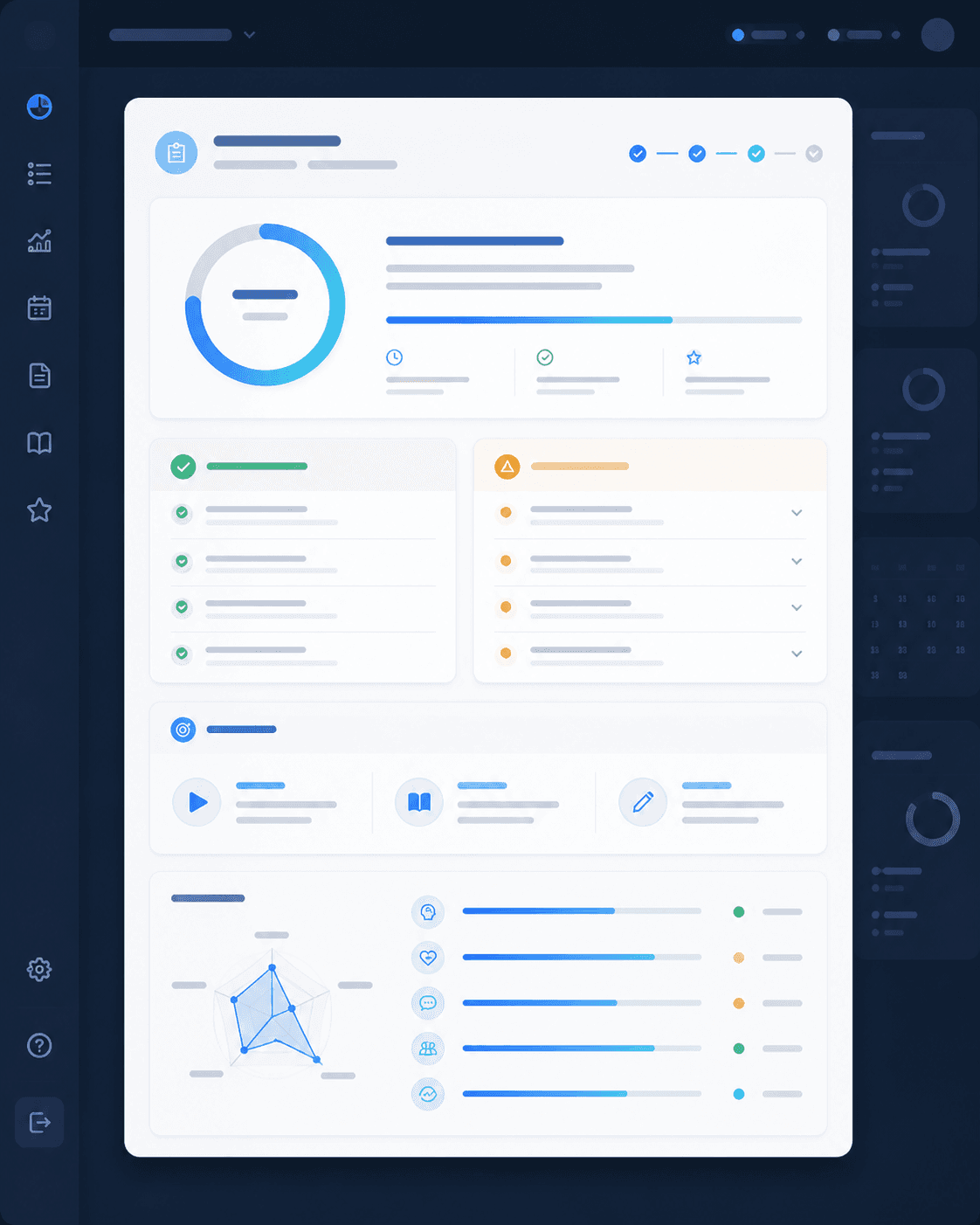 Structured AI feedback dashboard with progress indicators