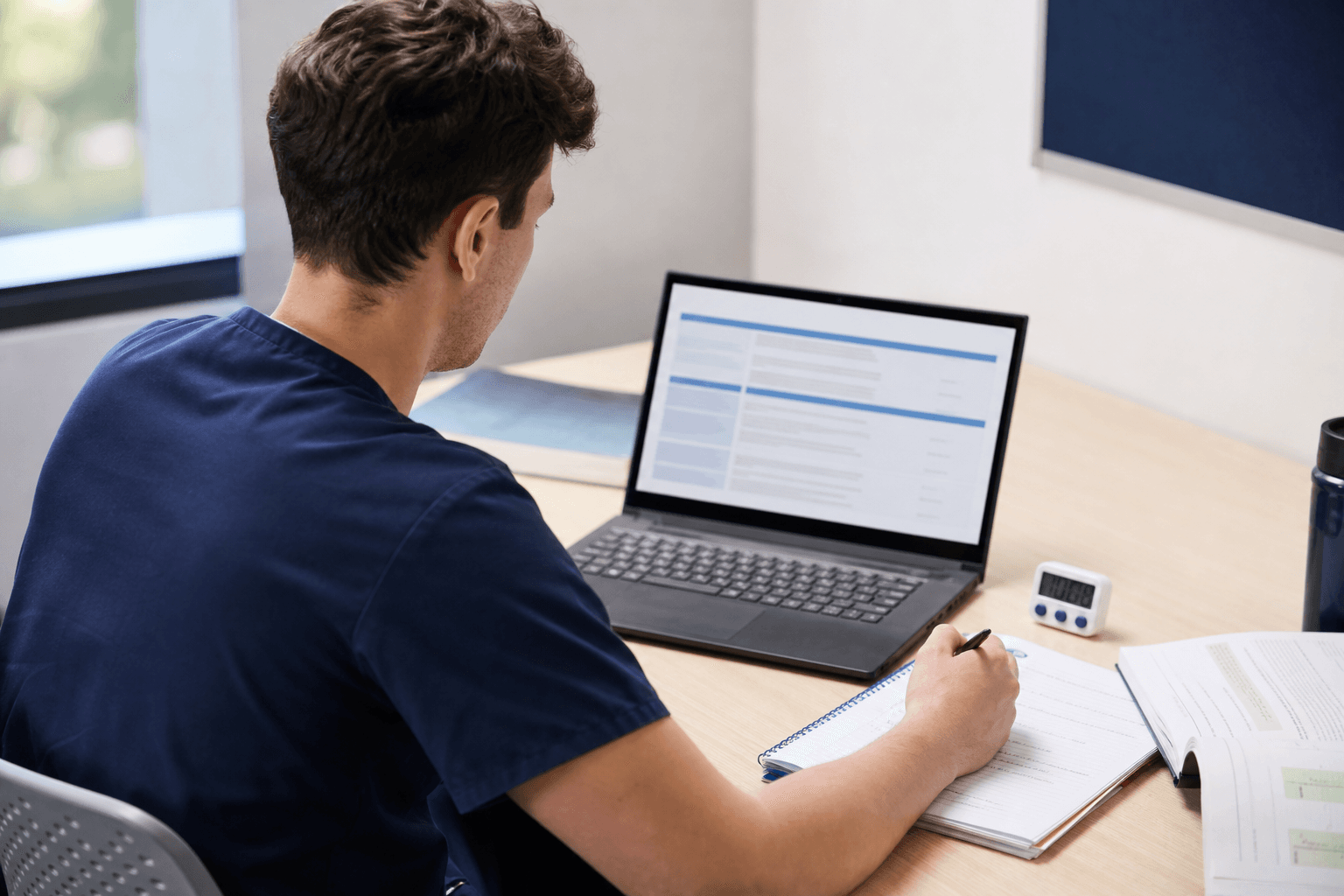 Clinician preparing exam content at a desk